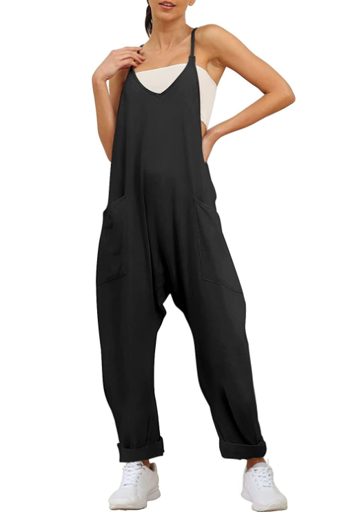 Ensfarget jumpsuit med V-hals slyngelomme